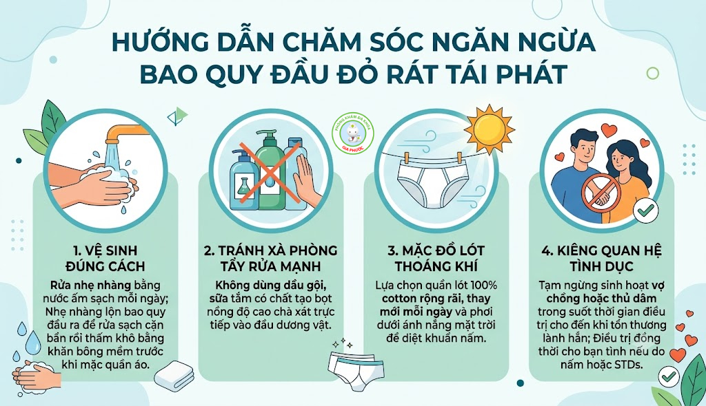Bao Quy Đầu Bị Đỏ Rát Là Bị Gì? Nguyên Nhân & Cách Trị Hiệu Quả 5 Hướng dẫn chăm sóc ngăn ngừa bao quy đầu đỏ rát tái phát