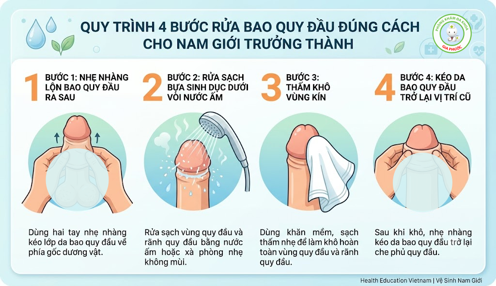 Hướng Dẫn Cách Rửa Bao Quy Đầu Đúng Cách Hàng Ngày Chuẩn Y Khoa 2 Quy trình 4 bước rửa bao quy đầu đúng cách