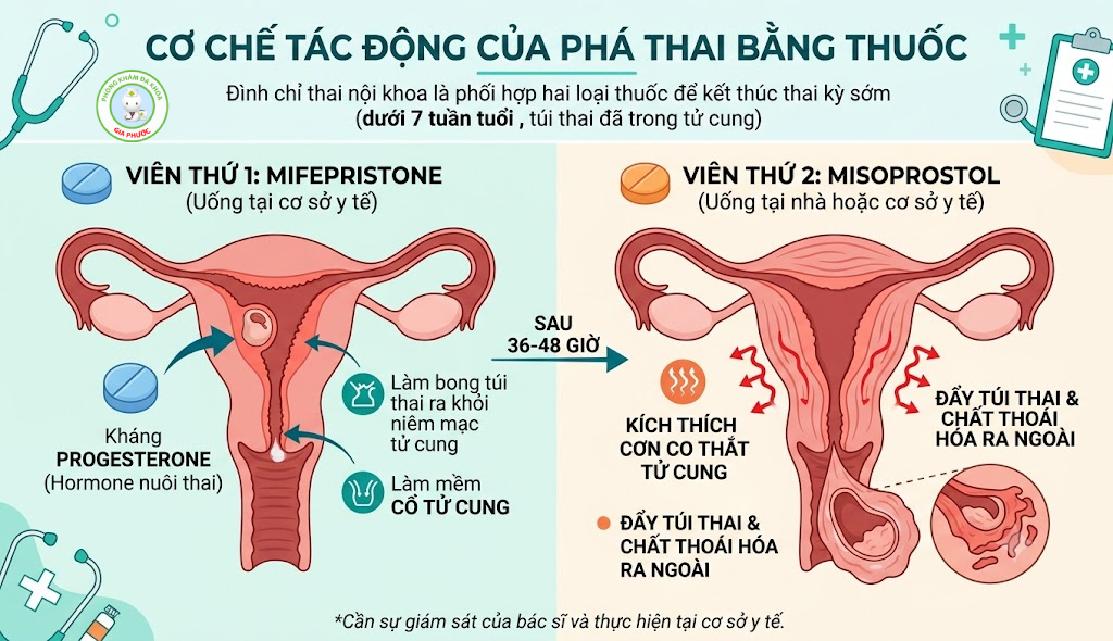 Tác Dụng Phụ Phá Thai Bằng Thuốc: Dấu Hiệu Bình Thường & Cảnh Báo Nguy Hiểm 2 Cơ chế hoạt động của thuốc đình chỉ thai