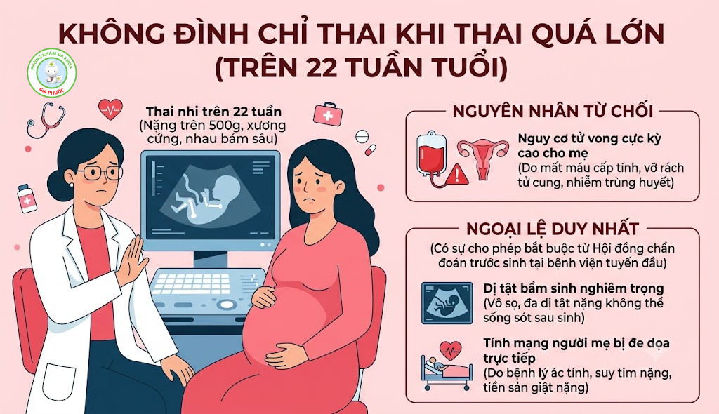 Không đình chỉ thai quá lớn (trên 22 tuần tuổi) vì có nguy cơ đe dọa tính mạng thai phụ