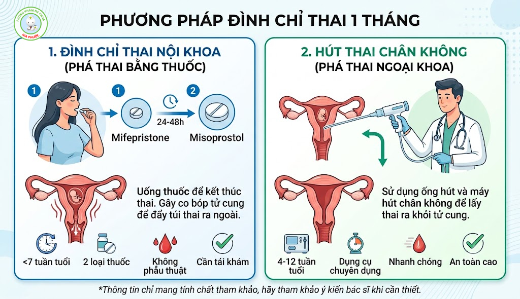 Thai 1 tháng có thể được chỉ định thực hiện phá bằng 1 trong 2 phương pháp sau đây