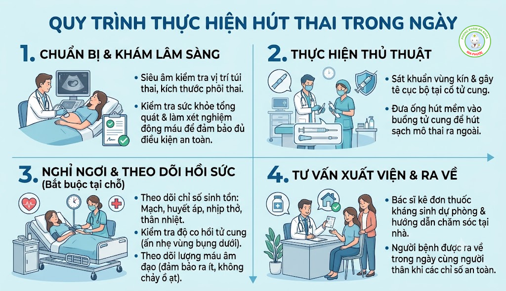 Hút Thai Có Nằm Viện Không? Thời Gian Theo Dõi & Hồi Phục Chuẩn Y Khoa 3 Quy trình hút thai chân không, sau hút thai không cần lưu viện